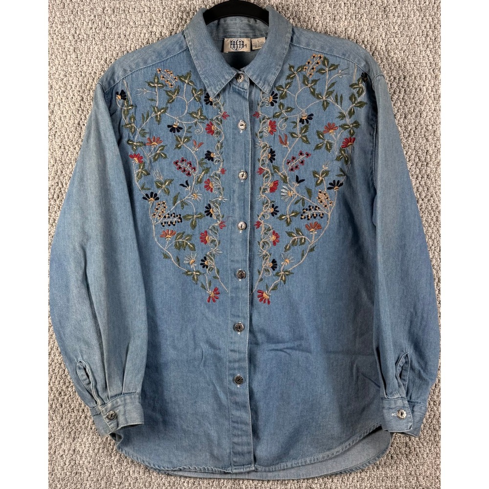 Vintage 90s Pasta Denim Shirt L Embroidered Floral Chambray Boho Western